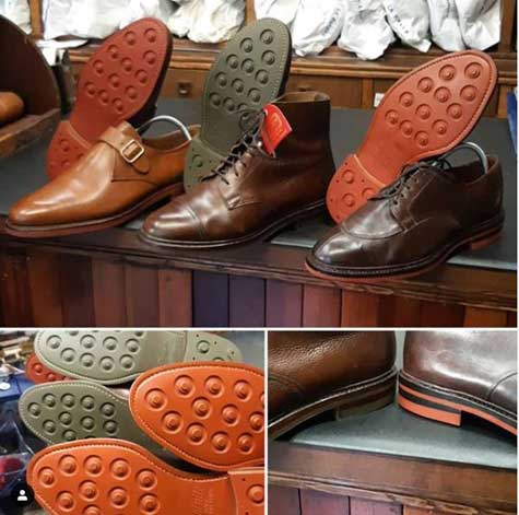 Risuolature complete di calzature Tricker's e Crocket & Jones con suole originali Inglesi Dainite Studded rosse e verde oliva